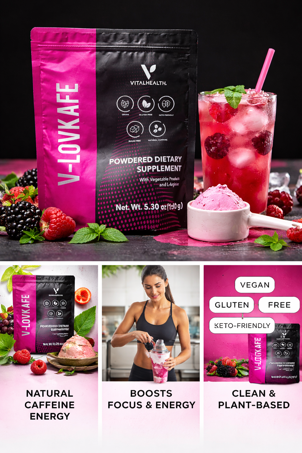 V-LOVKAFE Powdered Dietary Supplement – Natural Caffeine Energy Blend (5.30 oz)